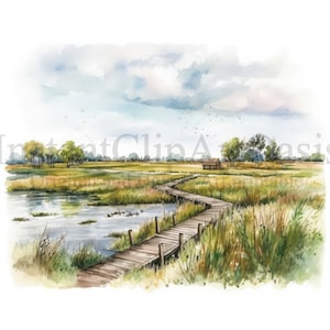 Wetland Landscape Clipart, 10 JPG di alta qualità, Arte dell'acquerello, Download digitale, Creazione di carte, Media misti, Mestiere di carta digitale / #715