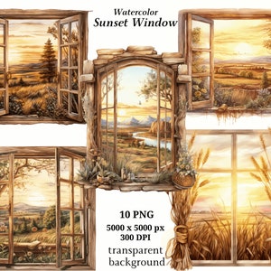 Puede incluir: Cuatro acuarelas de escenas de puesta de sol vistas a través de ventanas abiertas. Cada marco de ventana está hecho de madera con un aspecto rústico. Las escenas incluyen un campo de hierba alta, un río y un bosque.