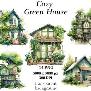 Cozy Green House Clipart, 14 High Quality PNGs, Watercolor Art, Digital Download, Card Making, Digital Paper Craft, House Clipart | #1295