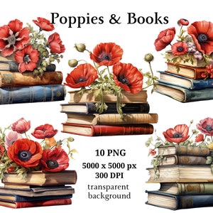 Mohnblumen & Bücher Clipart, 10 hochwertige PNGs, Stapel Bücher Clipart, Kinderzimmer, Kartenherstellung, Journaling, digitaler Download | #911
