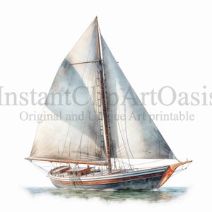 K&ouml;nnte beinhalten: Ein Vintage-Segelschiff mit wei&szlig;en Segeln und einem h&ouml;lzernen Rumpf, das auf einem ruhigen Gew&auml;sser segelt. Das Boot hat einen dunkelblauen Rumpf mit wei&szlig;en Verzierungen und einen roten Bug.