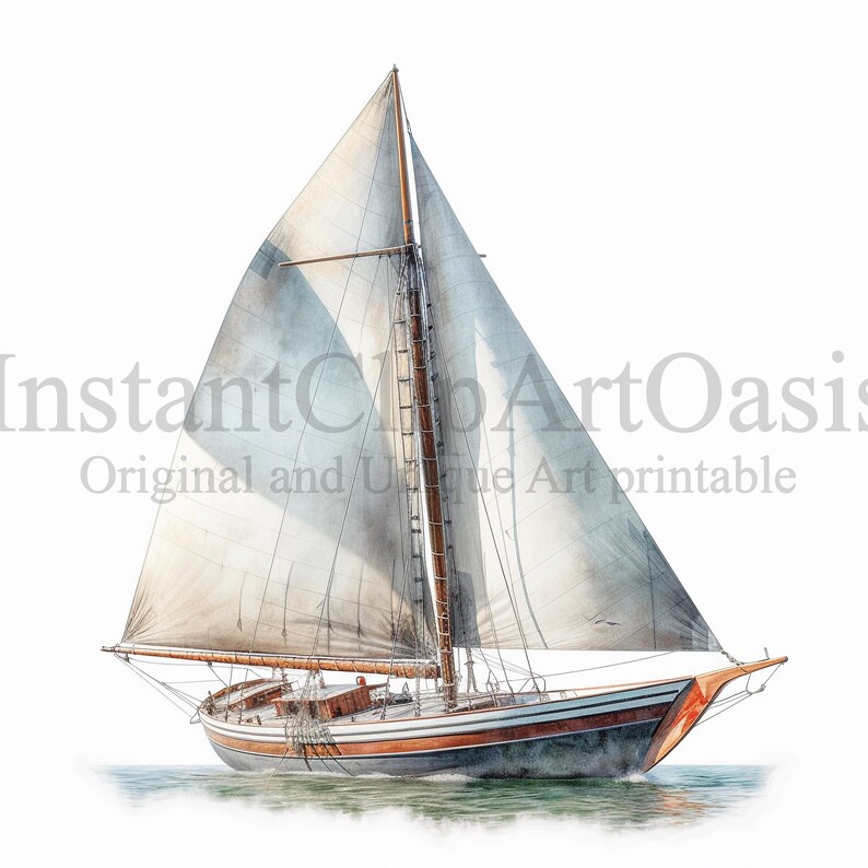 K&ouml;nnte beinhalten: Ein Vintage-Segelschiff mit wei&szlig;en Segeln und einem h&ouml;lzernen Rumpf, das auf einem ruhigen Gew&auml;sser segelt. Das Boot hat einen dunkelblauen Rumpf mit wei&szlig;en Verzierungen und einen roten Bug.