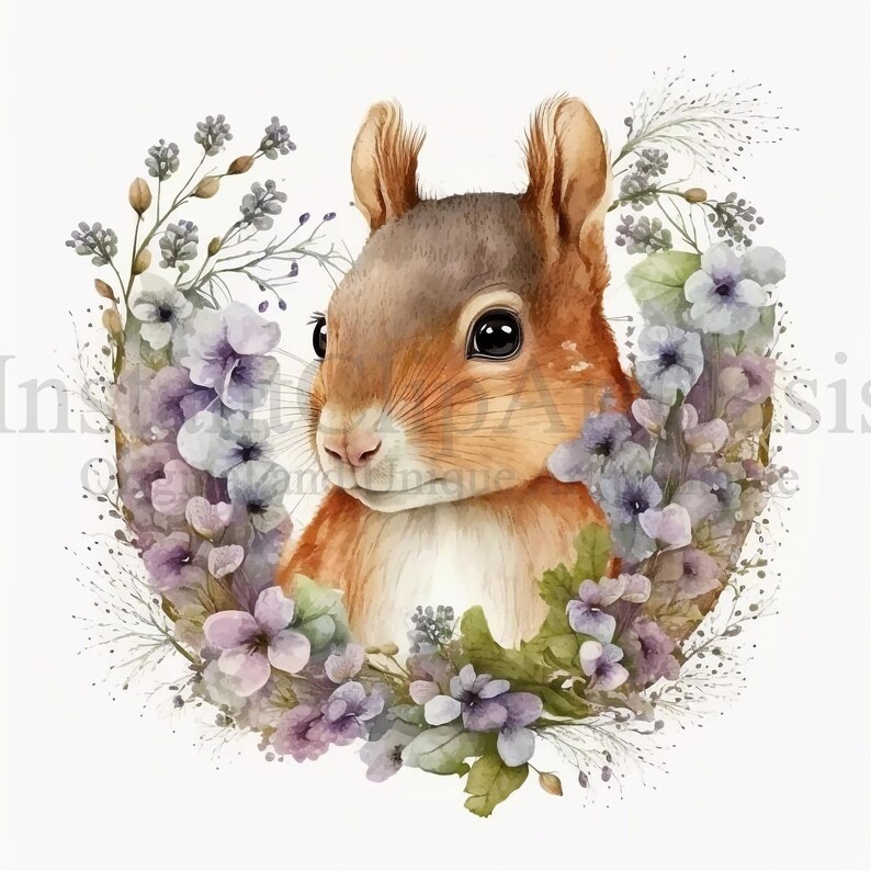 Floral Squirrels Clipart, 10 High Quality JPGs, Nursery Art, Digital Planner, Watercolor, Card Making, Journaling, Digital Download | #85 image 6