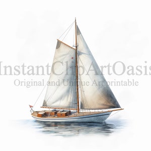 K&ouml;nnte beinhalten: Ein wei&szlig;es Segelboot mit braunen Holzakzenten und einem roten Stern auf dem Segel. Das Segelboot segelt auf einem ruhigen Gew&auml;sser.