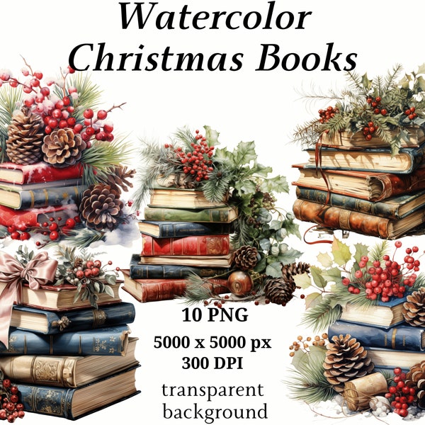 Christmas Books Clipart - 10 High Quality PNGs, Christmas Clipart, Card Making, Journaling, Digital Download, Stack of Books | #1187