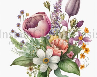 Bouquet of Flowers Clipart, 10 High Quality JPGs, Botanical Art, Digital Download, Card Making, Journaling, Digital Paper Craft | #238
