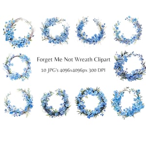 Forget Me Not Wreath Clipart, 10 JPG de haute qualité, fabrication de cartes, couronne Clip Art, Digital Paper Craft, aquarelle fleurs bleues | #729