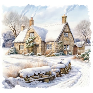 Winter Stone Cottage Clipart, 10 JPG de alta calidad, Arte de acuarela, Descarga digital, Fabricación de tarjetas, Técnica mixta, Artesanía de papel digital / #1108