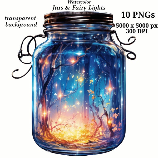 Jars with Fairy Lights Clipart, 10 High Quality PNGs, Instant Digital Download, Card Making, Digital Paper Craft, Junk Journaling | #1408