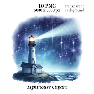 Clipart del faro, 10 PNG di alta qualità / arte nautica / Arte dell'acquerello / Download digitale / Supporti misti / Scena notturna nautica / #1480