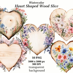 Clipart de fatia de madeira em forma de coração - 10 PNGs de alta qualidade, download digital, flores silvestres em aquarela, gráficos para impressão, registro no diário | #1312