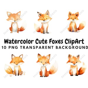Acquerello Cute Foxes Clipart, 10 PNG di alta qualità, Cute Fox Clipart, Nursery, Card Making, Journaling, Download digitale / #895