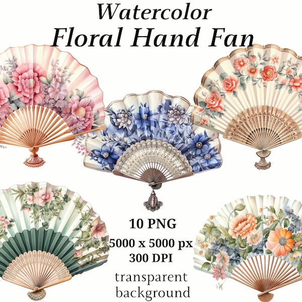 Floral Hand Fan Clipart - 10 High Quality PNGs, Watercolor, Digital Download, Printable Graphics, Card Making, Digital Paper Craft #1257