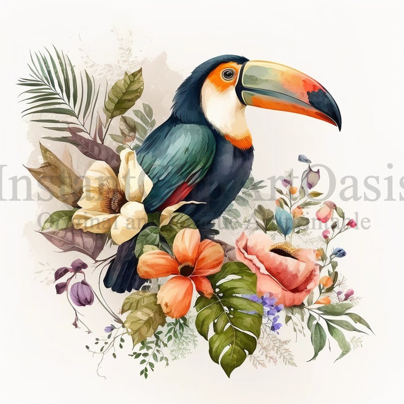 May include: A watercolor painting of a toucan perched on a branch of tropical flowers. The toucan has a bright orange beak and blue and green feathers. The flowers are pink, white, and yellow.