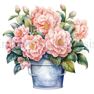 Camellias Bucket Clipart, 11 High Quality JPGs, Card Making, Camellias Clip Art, Digital Paper Craft, Watercolour Camellias | #754