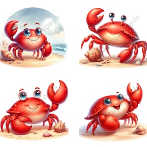 May include: Four red cartoon crabs with large eyes and smiling mouths. The crabs are on a sandy beach background with seashells and starfish. One crab is waving a claw in the air.