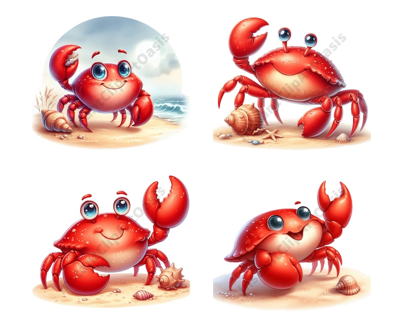 May include: Four red cartoon crabs with large eyes and smiling mouths. The crabs are on a sandy beach background with seashells and starfish. One crab is waving a claw in the air.