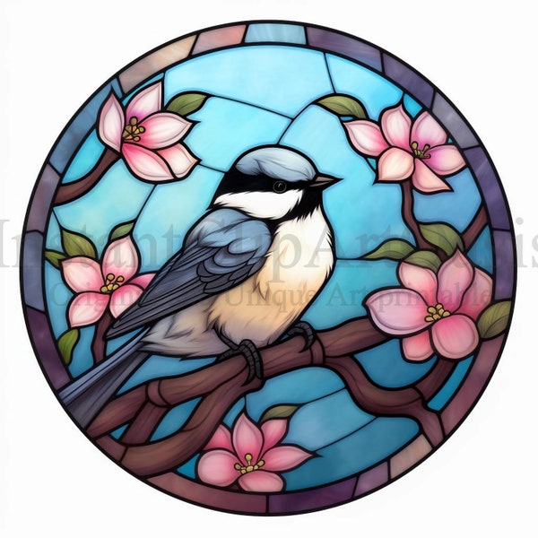 Stained Glass Chickadee, 10 High Quality JPGs, Stained Glass, Digital Download | Card Making, Bird Clipart, Paper Craft | #655