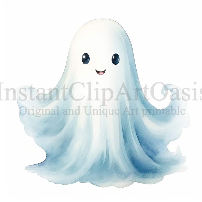 May include: A cute cartoon ghost with a white body and blue translucent wings. The ghost has a big smile and black eyes.