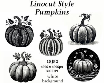 Linocut Style Pumpkins Clipart, 10 High Quality JPGs, Junk Journaling, Digital Planner, Wall Art, Digital Paper Craft, Woodprint | #1193