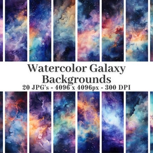 Watercolor Galaxy Backgrounds, 20 High Quality JPGs, Digital Paper, Space Textures, Nebula, Digital Download, Digital Papers | #866