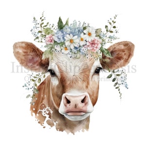 Vache et fleurs, 10 images PNG de haute qualité, oeuvre d&#39;art pour chambre d&#39;enfant | Fabrication de cartes, images clipart, jolie vache, créations numériques sur papier, aquarelle #54