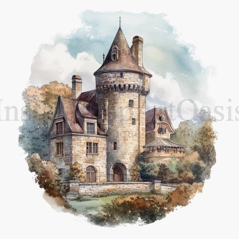 May include: A watercolor painting of a stone tower house with a pointed roof and a small garden in front. The house is surrounded by trees and bushes. The sky is a light blue with white clouds.