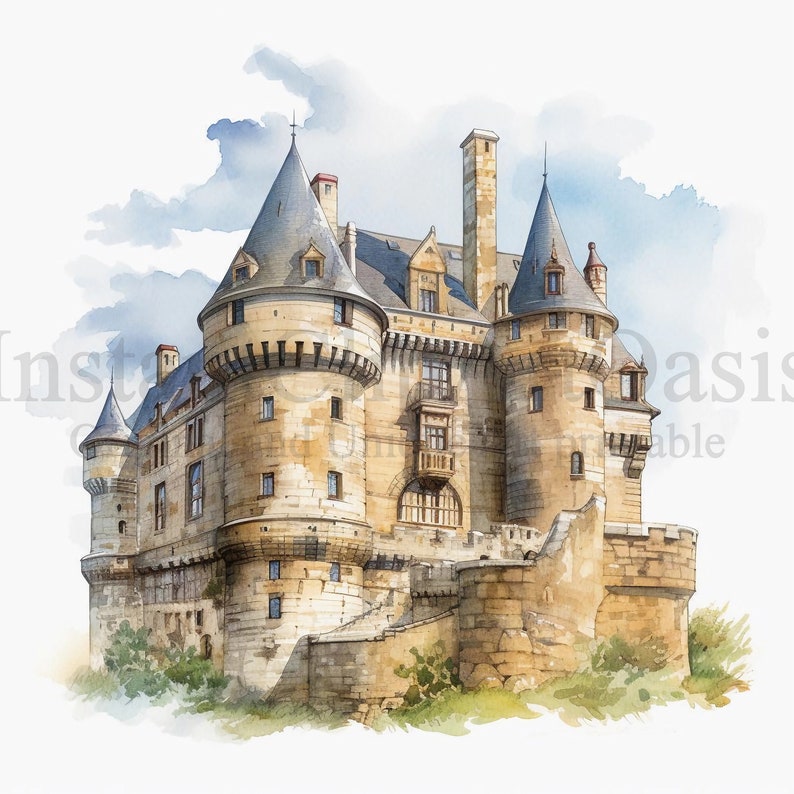 May include: A watercolor painting of a large, stone castle with multiple towers and a pointed roof. The castle is surrounded by a stone wall and green foliage.