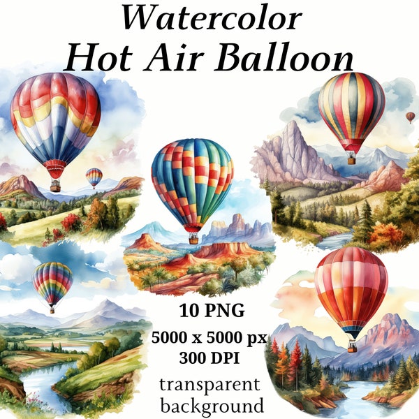 Hot Air Balloons Clipart, 10 High Quality PNGs, Watercolor Art, Digital Download, Card Making, Mixed Media, Digital Paper Craft | #811