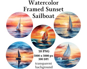 Framed Sunset Sailboat Clipart - 10 High Quality PNGs, Watercolor Art, Digital Download, Card Making, Mixed Media, Journaling #1155