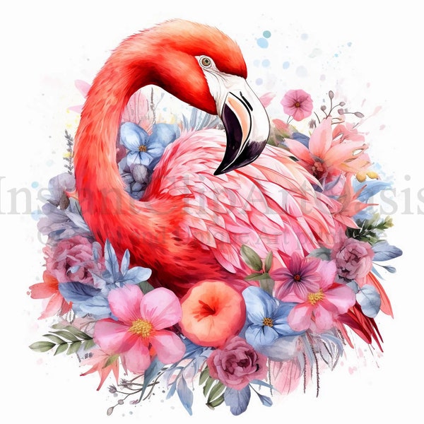 Floral Flamingo Clipart, 9 JPG de haute qualité, Nursery Art, Card Making, Flamingo Clip Art, Digital Paper Craft, Aquarelle Peinture #593