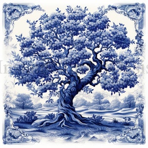 Imágenes prediseñadas de árboles de Delft azul - 10 JPG de alta calidad, azulejos holandeses, ilustración vintage, fabricación de tarjetas, imágenes prediseñadas de árboles, artesanía de papel digital #1331