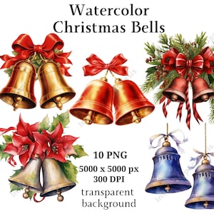 Christmas Bells Clipart, 10 High Quality PNGs, Christmas Clipart, Card Making, Journaling, Digital Download | #979