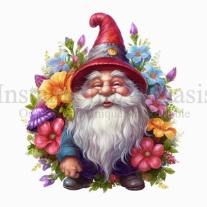 Gnome and Flowers Clipart, 10 High Quality JPGs, Nursery Art, Digital Download | Card Making, Cute Gnome Clipart, Digital Paper Craft | #524