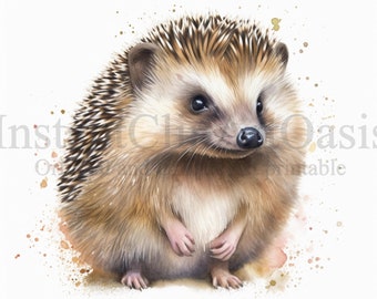 May include: A watercolor painting of a brown and white hedgehog with a light brown nose and black eyes. The hedgehog is standing on a light brown background with brown and orange watercolor splatters.