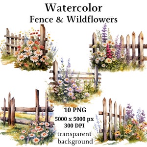 Op de afbeelding: Vier aquarel illustraties van houten hekken met wilde bloemen. De hekken zijn in verschillende stijlen en hebben een rustieke uitstraling. De wilde bloemen zijn in tinten roze, paars, geel en wit.