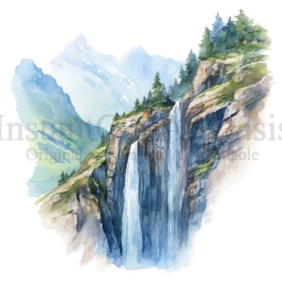 Mountain Waterfalls Clipart, 10 High Quality Jpgs