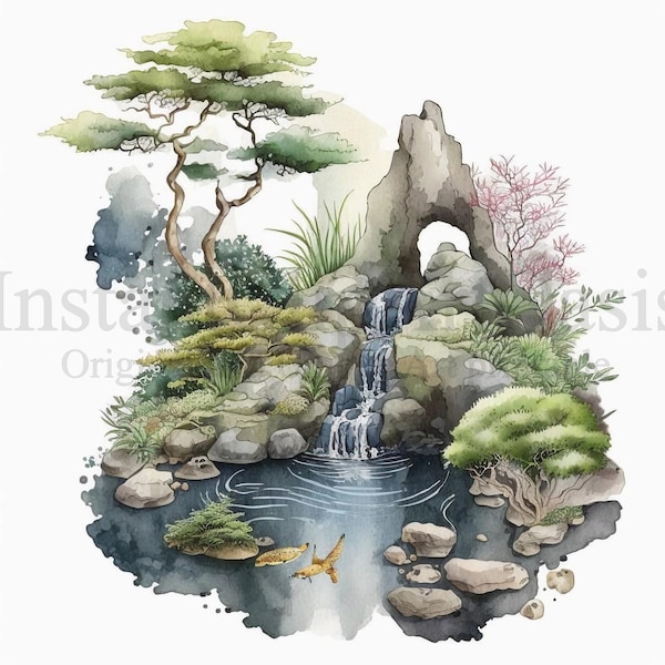 Zen Garden Clipart, 10 High Quality JPGs, Watercolor Art, Digital Download, Card Making, Mixed Media, Digital Paper Craft | #198