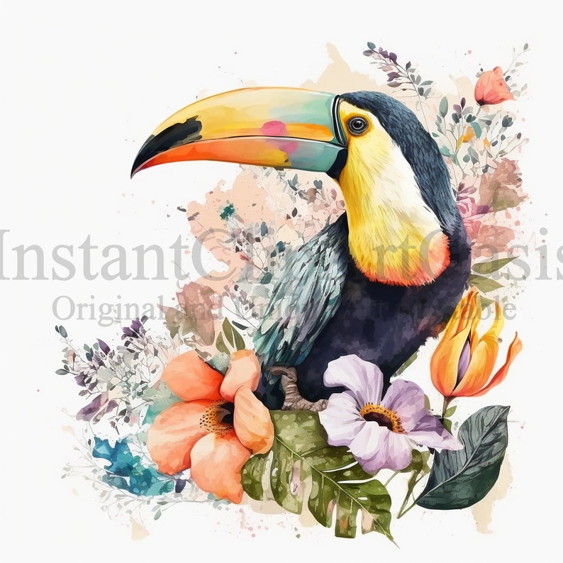 May include: A watercolor painting of a toucan with a yellow beak and black and blue feathers. The toucan is surrounded by tropical flowers and leaves in shades of pink, purple, orange, and green.