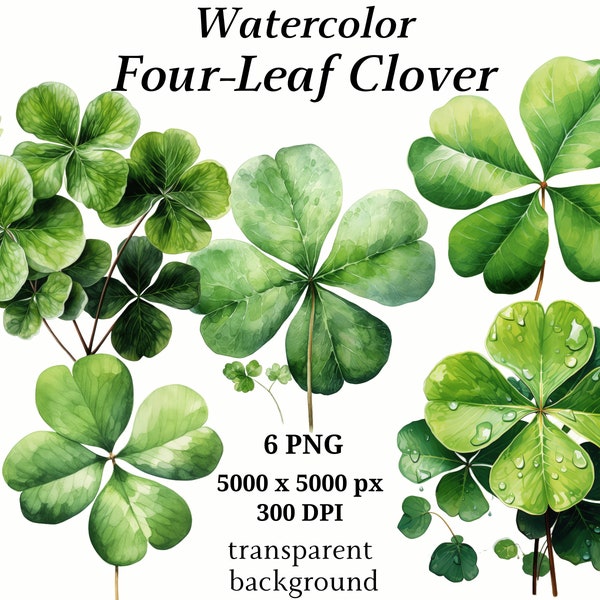 Four-Leaf Clover Clipart, 6 High Quality PNGs, Botanical Clipart, Digital Planners, Junk Journals, Digital Download, Memory Books | #1265