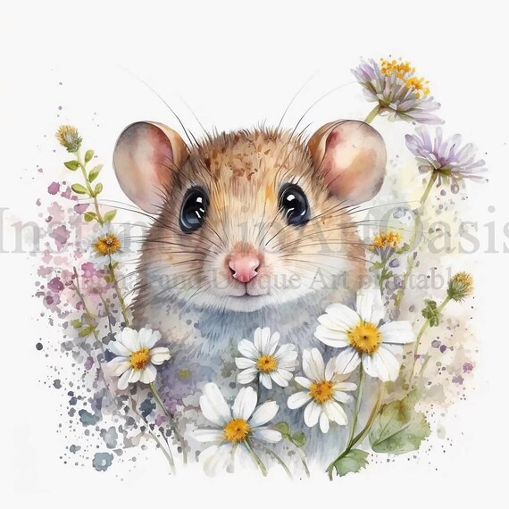 Floral Cute Mouse Clipart, 10 High Quality JPGs, Nursery Art, Digital Planner, Watercolor, Card Making, Journaling, Digital Download | #76