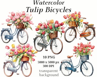 Tulip Bicycles Clipart - 10 High Quality PNGs, Vintage Art, Digital Download, Card Making, Vintage Bicycle Clipart, Digital Papers #1209