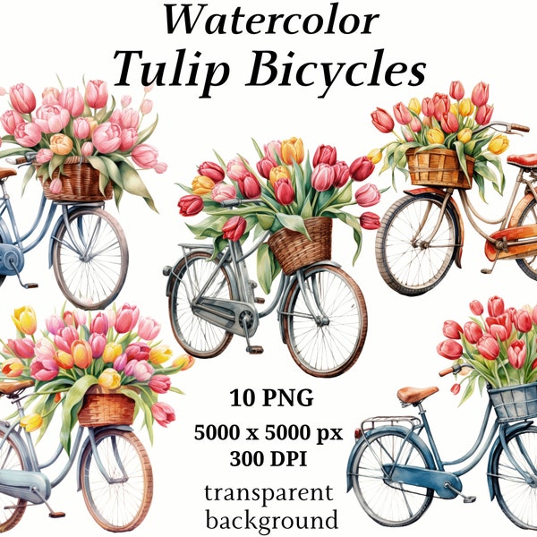 Tulip Bicycles Clipart - 10 High Quality PNGs, Vintage Art, Digital Download, Card Making, Vintage Bicycle Clipart, Digital Papers #1209