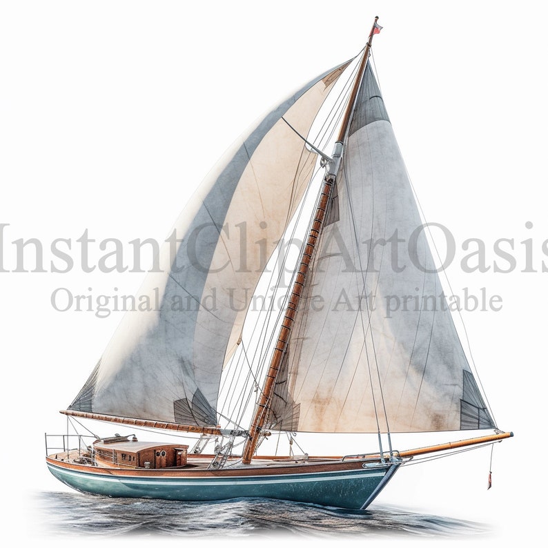 K&ouml;nnte beinhalten: Ein Vintage-Holzsegelboot mit wei&szlig;en Segeln, einem blauen Rumpf und einem Holzmast. Das Boot segelt auf einem ruhigen Meer mit wei&szlig;em Hintergrund.
