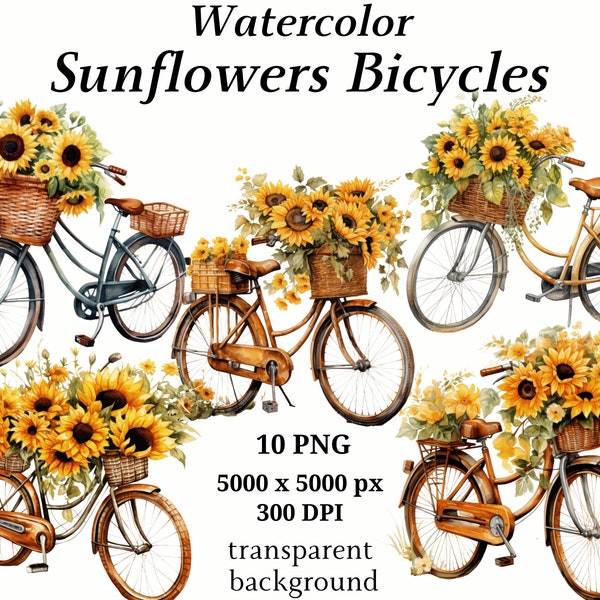 Sunflowers Bicycles Clipart - 10 High Quality PNGs, Vintage Art, Digital Download, Card Making, Vintage Bicycle Clipart, Digital Paper #1222