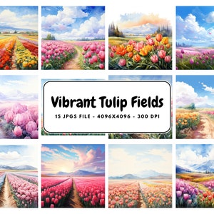 Tulip Fields Clipart, 15 hochwertige JPGs, Tulip Wall Art, digitaler Download, Card Making, Journaling, Digital Paper Craft | #1260