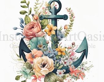 Floral Anchor Clipart, 10 High Quality JPGs, Nursery Art, Instant Digital Download | Card Making, Anchor Clipart, Digital Paper Craft | #151