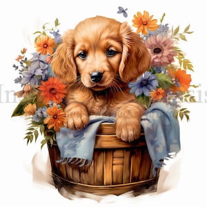 Puppies in Flower Basket Clipart, 10 High Quality JPGs, Digital Download, Card Making, Animal Clipart, Digital Paper Craft | #528