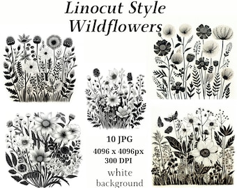 Linocut Style Wldflowers Clipart, 10 High Quality JPGs, Junk Journaling, Digital Planner, Wall Art, Digital Paper Craft, Woodprint | #1194