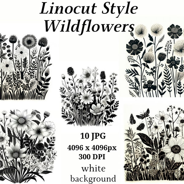 Linocut Style Wldflowers Clipart, 10 High Quality JPGs, Junk Journaling, Digital Planner, Wall Art, Digital Paper Craft, Woodprint | #1194